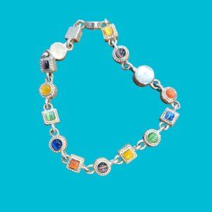 Retro Boho Multicolor Cats Eye Gemstone Bracelet w Silver Setting